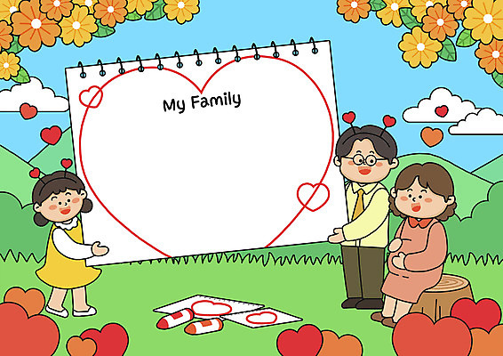 PSD 여자 남자 꽃 딸 행복 어린이 일러스트 엄마 프레임 들기 앉기 소녀 성인 세명 화목 임산부 하트 축하 아빠 스케치북 크레파스 국내일러스트 모양 식물 감정 컨셉 가족 모션 학용품 사람 임신 파일형식