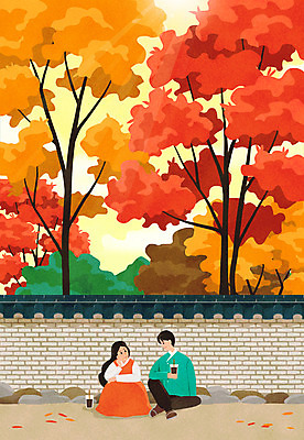 전신 PSD 커플 여자 남자 커피 데이트 일러스트 단풍나무 휴식 들기 앉기 풍경 성인 두명 마주보기 주황색 다정 가을 한복 성인만 기와담장 차분 국내일러스트 나무 한국전통 계절 음료 컬러 컨셉 단풍 관계 모션 기와 사람 담장 전통의상 파일형식