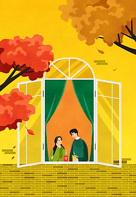 전신 PSD 커플 여자 남자 커피 데이트 일러스트 창문 단풍나무 티타임 휴식 풍경 상반신 성인 두명 노란색 마주보기 턱괴기 다정 가을 성인만 차분 국내일러스트 나무 계절 음료 컬러 컨셉 단풍 관계 모션 사람 파일형식