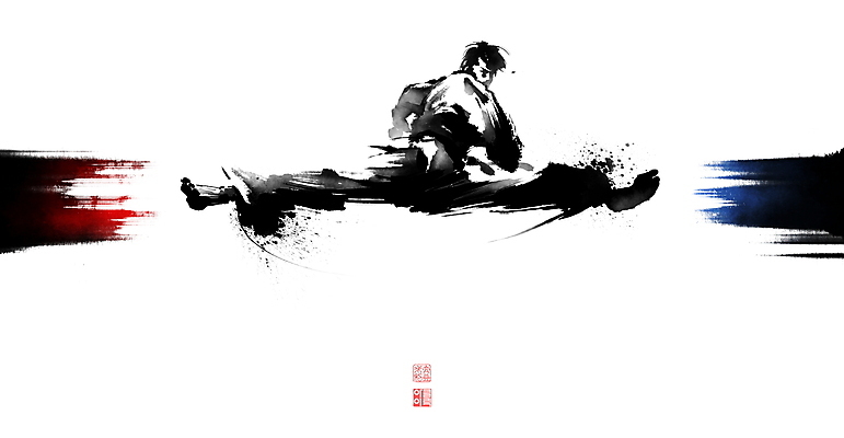 전신 PSD 남자 일러스트 캘리그라피 붓터치 도복 한명 성인 킥 태권도 태극 번짐 태권도선수 낙관 성인남자한명만 국내일러스트 1 문양 옷 모션 운동선수 사람 격투기 남자한명만 성인남자만 파일형식 효과