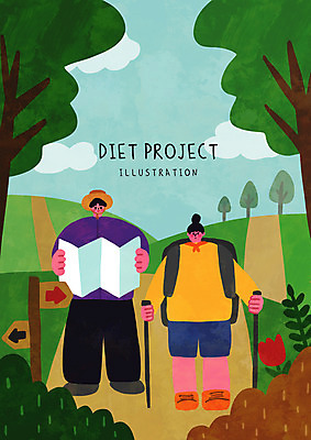 전신 PSD 나무 구름 여자 남자 지도 다이어트 일러스트 산 서기 들기 성인 두명 초록색 등산 표지판 등산스틱 성인만 국내일러스트 자연요소 식물 컬러 모션 알림판 건강 사람 트래킹 등산용품 파일형식