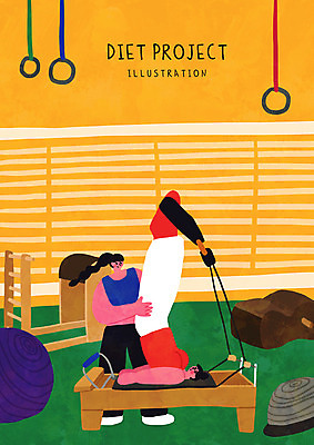 전신 PSD 여자 다이어트 일러스트 서기 성인 두명 눕기 운동 노란색 기구 짐볼 다리들기 성인여자만 기구필라테스 필라테스기구 국내일러스트 컬러 모션 건강 사람 운동기구 필라테스 여자만 성인만 파일형식