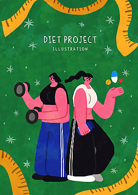 전신 PSD 여자 다이어트 일러스트 줄자 서기 들기 성인 두명 초록색 운동복 운동 알약 아령 약병 다이어트약 성인여자만 국내일러스트 옷 컬러 모션 자 건강 사람 약 병_담는 여자만 성인만 파일형식