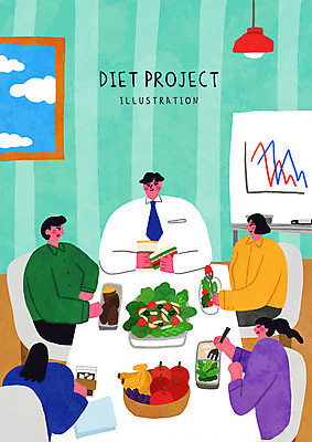 PSD 여자 남자 커피 다이어트 과일 일러스트 회사 창문 그래프 조명 샌드위치 앉기 여러명 상반신 성인 샐러드 비즈니스맨 비즈니스우먼 고구마 성인만 식단관리 국내일러스트 음료 음식 다수 비즈니스 모션 뿌리채소 건강 사람 직장인 파일형식