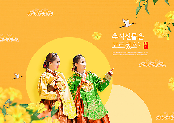 PSD 구름 편집이미지 여자 명절 40대 중년 두마리 상반신 성인 두명 30대 노란색 추석 학 한국인 가리킴 한복 능소화 왕족전통의상 추석선물 여자만 이미지편집 자연요소 한국전통 전통 기념일 꽃 컬러 2 조류 선물 사람 동양인 손짓 장년 전통의상 파일형식 명절선물