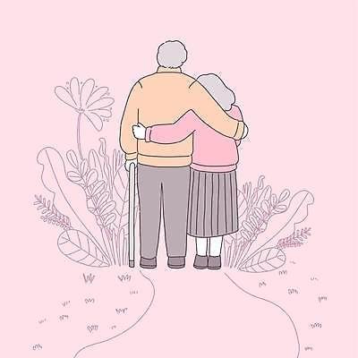 EPS 해외이미지 전신 여자 할아버지 노년 남자 할머니 분홍색 잎 일러스트 안기 지팡이 사랑 서기 두명 노부부 기댐 노인만 해외일러스트 식물 부부 감정 컬러 모션 사람 성인 성인만 파일형식 벡터