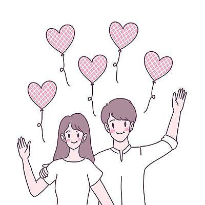 EPS 해외이미지 커플 여자 남자 행복 일러스트 사랑 상반신 성인 두명 손인사 하트풍선 성인만 어깨에손 해외일러스트 감정 관계 모션 사람 하트 인사 풍선 파일형식 벡터