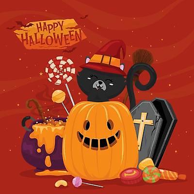 EPS 해외이미지 한마리 일러스트 막대사탕 사람없음 빨간색 고양이 할로윈 빗자루 마녀모자 솥단지 알사탕 잭오랜턴 관_장례 해외일러스트 모자_잡화 1 컬러 포유류 사탕 반려동물 청소도구 장례용품 파일형식 벡터