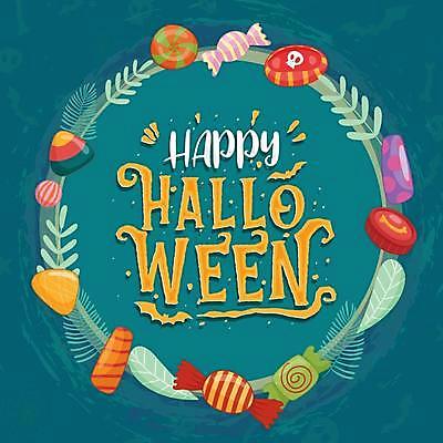 EPS 해외이미지 잎 일러스트 프레임 타이포그라피 사람없음 할로윈 청록색 알사탕 해외일러스트 식물 문자 컬러 사탕 파일형식 벡터