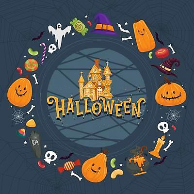 EPS 해외이미지 일러스트 초 뼈 해골 프레임 타이포그라피 사람없음 할로윈 회색 성 유령 거미줄 비석 마녀모자 솥단지 알사탕 잭오랜턴 해외일러스트 문자 모자_잡화 건축물 컬러 사탕 파일형식 벡터