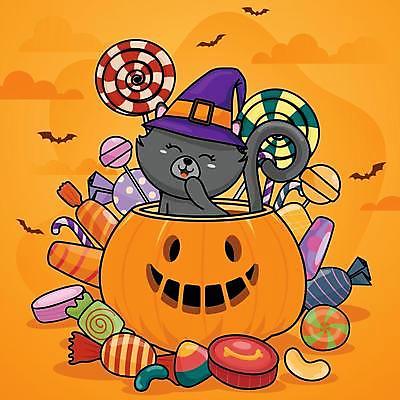 EPS 해외이미지 구름 한마리 일러스트 사람없음 주황색 고양이 할로윈 막대기 박쥐 알사탕 잭오랜턴 해외일러스트 자연요소 1 컬러 포유류 사탕 반려동물 파일형식 벡터