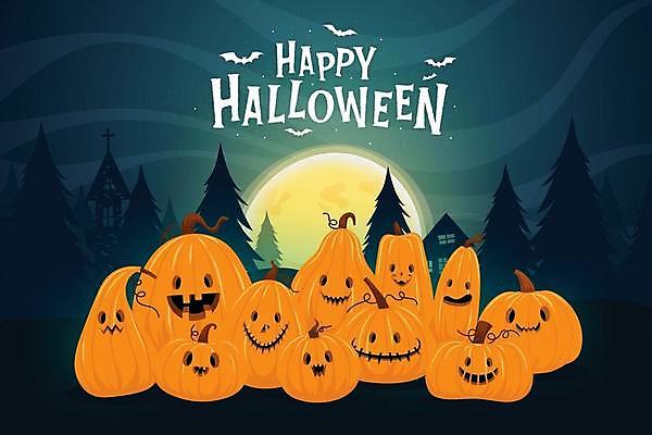 EPS 해외이미지 나무 실루엣 일러스트 타이포그라피 사람없음 할로윈 보름달 달 남색 박쥐 잭오랜턴 해외일러스트 자연요소 식물 문자 컬러 포유류 촬영기법 파일형식 벡터