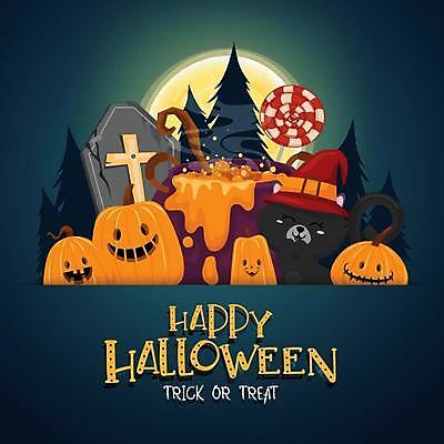 EPS 해외이미지 한마리 일러스트 막대사탕 타이포그라피 사람없음 고양이 할로윈 남색 마녀모자 솥단지 잭오랜턴 관_장례 해외일러스트 문자 모자_잡화 1 컬러 포유류 사탕 반려동물 장례용품 파일형식 벡터