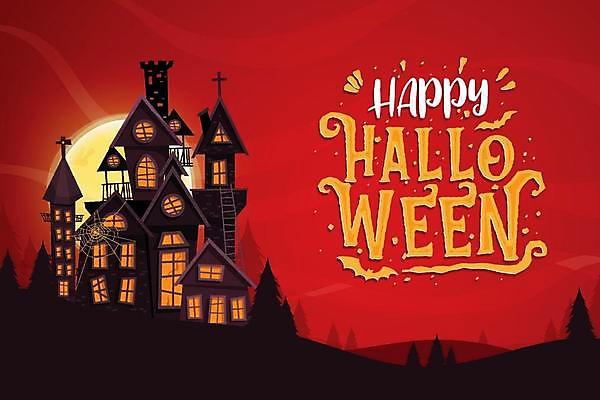 EPS 해외이미지 나무 실루엣 일러스트 타이포그라피 사람없음 빨간색 할로윈 달 성 해외일러스트 자연요소 식물 문자 건축물 컬러 촬영기법 파일형식 벡터