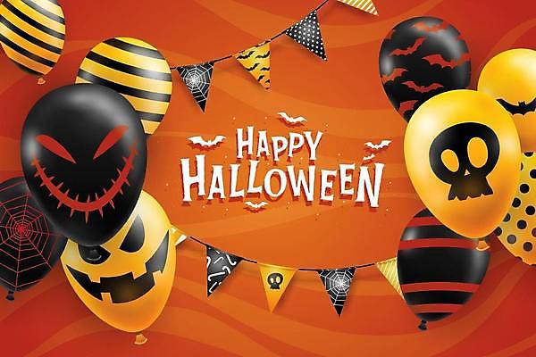 EPS 해외이미지 일러스트 해골 타이포그라피 사람없음 검은색 주황색 할로윈 박쥐 풍선 가랜드 잭오랜턴 해외일러스트 문자 컬러 포유류 뼈 파티용품 파일형식 벡터