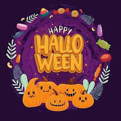 EPS 해외이미지 잎 일러스트 타이포그라피 사람없음 보라색 할로윈 알사탕 잭오랜턴 해외일러스트 식물 문자 컬러 사탕 파일형식 벡터