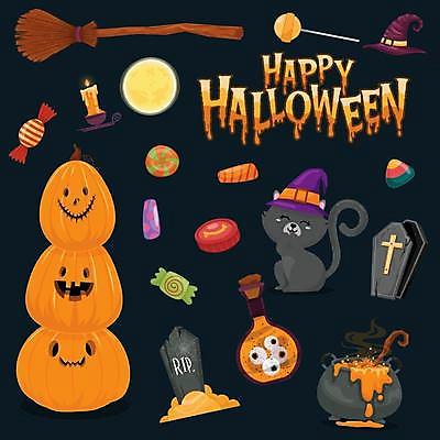 EPS 해외이미지 한마리 일러스트 초 막대사탕 사탕 타이포그라피 사람없음 검은색 고양이 할로윈 보름달 비석 마녀모자 물약병 솥단지 잭오랜턴 관_장례 해외일러스트 문자 모자_잡화 1 컬러 포유류 디저트 반려동물 달 장례용품 파일형식 벡터