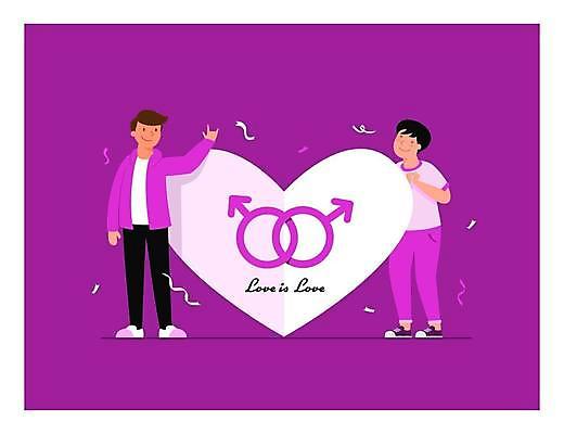 EPS 해외이미지 전신 커플 남자 일러스트 서기 성인 두명 보라색 하트 꽃가루 동성애자 성인남자만 성소수자 해외일러스트 모양 컬러 관계 모션 사람 가루 남자만 성인만 파일형식 벡터