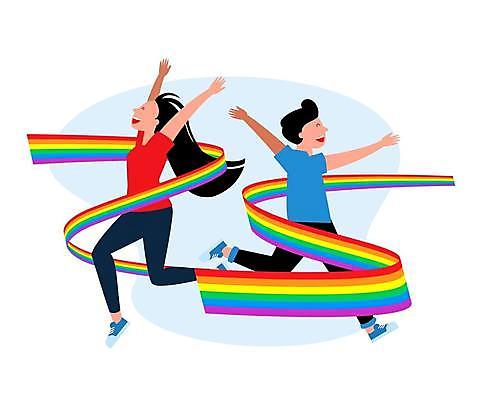 EPS 해외이미지 전신 여자 남자 무지개 일러스트 팔벌리기 성인 두명 달리기 만세 무지개색 동성애자 성인만 성소수자 해외일러스트 자연요소 모션 사람 컬러풀 파일형식 벡터