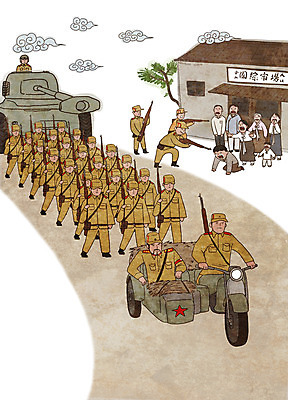 전신 PSD 나무 구름 여자 남자 어린이 일러스트 가족 군대 주택 들기 소년 여러명 성인 군인 총 오토바이 역사 울음 위협 탱크 과거 6.25전쟁 부대 북한군 국내일러스트 자연요소 식물 직업 무기 다수 컨셉 관계 모션 표정 사람 건물 바이크 전쟁 국군 파일형식