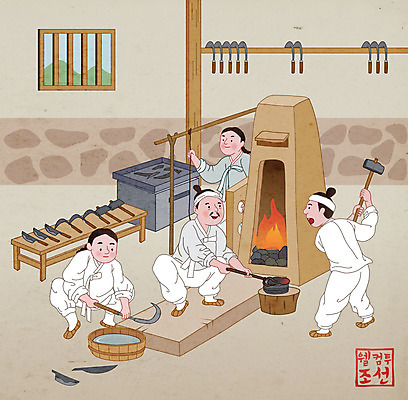 전신 라이프스타일 남자 일러스트 서기 들기 여러명 상반신 칼 망치 한복 조선시대 웅크림 낫 대장간 대장장이 호미 단조 국내일러스트 AI파일 한국전통 다수 모션 사람 생활 공구 역사 제조 전통의상 농기구 파일형식 벡터