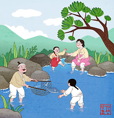 전신 구름 라이프스타일 여자 남자 딸 아들 어린이 일러스트 물놀이 엄마 서기 들기 앉기 소녀 소년 여러명 성인 바위 소나무 뜰채 개울 아빠 한복 조선시대 고기잡이 발담그기 국내일러스트 AI파일 자연요소 나무 한국전통 다수 가족 모션 놀이 어업 사람 생활 강 돌_바위 낚시용품 역사 전통의상 파일형식 벡터