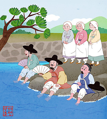 전신 라이프스타일 여자 남자 일러스트 서기 들기 앉기 여러명 바위 소나무 부채 개울 한복 조선시대 양반 발담그기 선비 아낙네 하인 국내일러스트 AI파일 갓모자 나무 모자_잡화 한국전통 다수 모션 전통소품 사람 생활 강 돌_바위 역사 전통의상 신분 파일형식 벡터