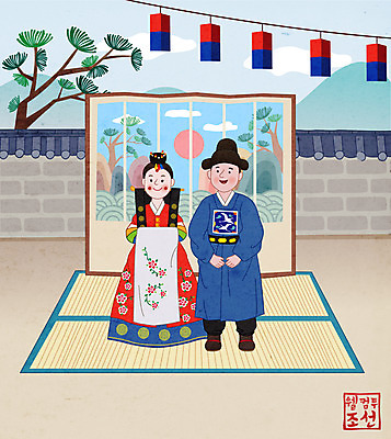 전신 라이프스타일 부부 여자 남자 일러스트 서기 성인 두명 소나무 한복 조선시대 전통혼례 돗자리 청사초롱 병풍 기와지붕 혼례복 전통방식 성인만 기와담장 국내일러스트 AI파일 나무 한국전통 전통 커플 모션 지붕 기와 사람 생활 담장 역사 전통의상 전통의례 초롱 파일형식 벡터