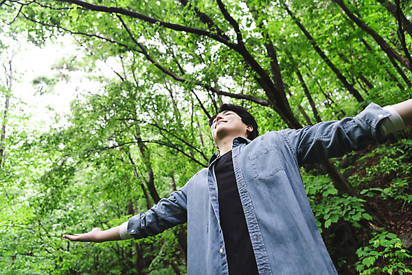 포토 JPG 주간 남자 로우앵글 맨라이프 팔벌리기 휴식 한명 상반신 성인 야외 옆모습 30대 여름휴가 바캉스 눈감음 산책 한국인 숲 삼림욕 싱글라이프 성인남자한명만 국내포토 자연요소 1 라이프스타일 뷰포인트 컨셉 모션 휴가 사람 동양인 장년 남자한명만 성인남자만 파일형식 여름_계절