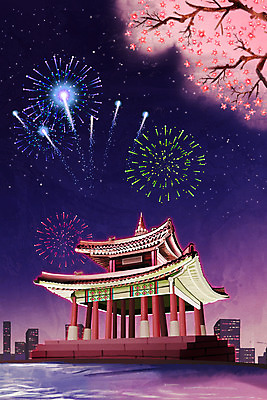 PSD 한국전통 백그라운드 일러스트 밤하늘 한옥 불꽃놀이 풍경 사람없음 보라색 궁전 벚꽃 벚나무 야간 국내일러스트 자연요소 나무 전통 꽃 컬러 고건축 놀이 하늘 한국 파일형식