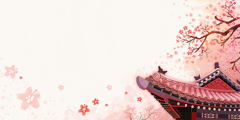 PSD 한국전통 분홍색 백그라운드 일러스트 한옥 풍경 사람없음 궁전 벚꽃 벚나무 기와지붕 국내일러스트 나무 전통 꽃 컬러 고건축 지붕 한국 기와 파일형식