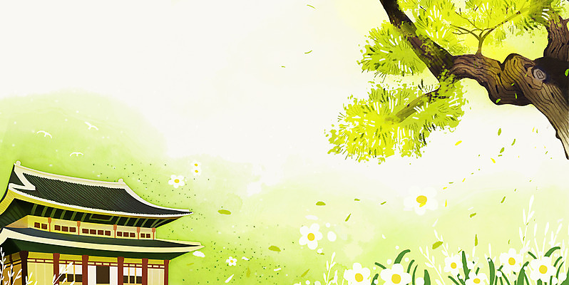 PSD 한국전통 꽃 백그라운드 일러스트 한옥 풍경 사람없음 연두색 궁전 소나무 솔잎 국내일러스트 나무 식물 전통 고건축 잎 한국 초록색 파일형식