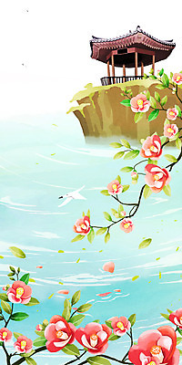 PSD 한국전통 백그라운드 일러스트 한옥 풍경 사람없음 절벽 연못 동백 팔각정 국내일러스트 전통 꽃 고건축 한국 정자_건축물 파일형식