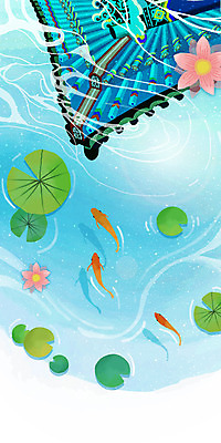 PSD 한국전통 물결 백그라운드 일러스트 한옥 연꽃 세마리 풍경 사람없음 궁전 연못 연잎 금붕어 지붕처마 국내일러스트 전통 꽃 고건축 잎 지붕 한국 3 어류 처마 파일형식