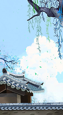 PSD 구름 한국전통 하늘색 백그라운드 일러스트 하늘 한옥 풍경 사람없음 궁전 나뭇가지 버드나무 기와담장 국내일러스트 자연요소 나무 전통 고건축 한국 기와 파란색 담장 파일형식