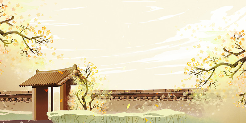 PSD 한국전통 꽃 백그라운드 일러스트 한옥 풍경 사람없음 나뭇가지 대문 성벽 베이지색 기와담장 국내일러스트 나무 식물 전통 컬러 고건축 한국 기와 담장 문 파일형식