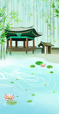 PSD 한국전통 하늘색 백그라운드 일러스트 한옥 연꽃 풍경 사람없음 정원 연못 대나무 연잎 정자 대문 대나무숲 기와담장 국내일러스트 나무 전통 건축물 꽃 고건축 잎 한국 기와 파란색 담장 문 숲 파일형식