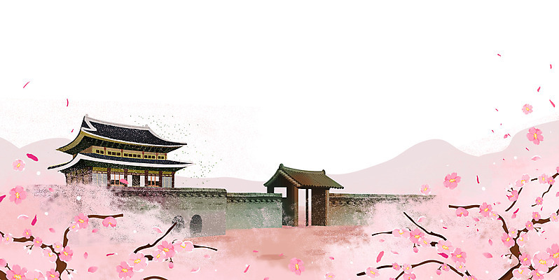 PSD 한국전통 분홍색 백그라운드 일러스트 한옥 풍경 사람없음 궁전 벚꽃 대문 성벽 국내일러스트 전통 꽃 컬러 고건축 한국 문 파일형식
