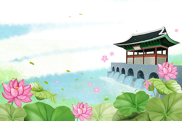PSD 한국전통 꽃 백그라운드 잎 일러스트 한옥 연꽃 풍경 사람없음 궁전 연못 댐 연잎 국내일러스트 식물 전통 공공시설 고건축 한국 파일형식