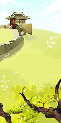 PSD 한국전통 백그라운드 일러스트 한옥 풍경 사람없음 연두색 궁전 소나무 언덕 성벽 솔잎 성곽길 국내일러스트 나무 전통 길 고건축 잎 한국 초록색 파일형식