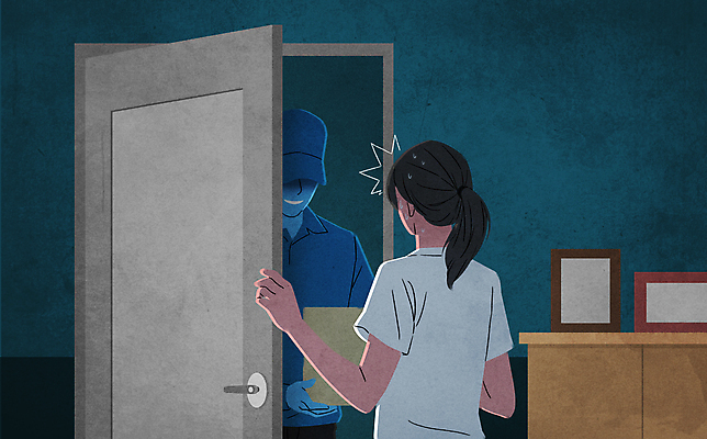 PSD 여자 남자 일러스트 상반신 성인 두명 놀람 범죄 택배기사 범죄인 사회이슈 택배 현관문 변장 택배상자 스토커 스토킹 침입자 성인만 무단 국내일러스트 감정 컨셉 표정 사람 상자 문 운송업 배달원 침범 파일형식