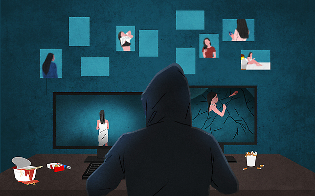 PSD 여자 남자 일러스트 여러명 상반신 성인 모니터 범죄 범죄인 사회이슈 담배꽁초 감시 감시카메라 도촬 몰래카메라 스토커 스토킹 컵라면 성인만 국내일러스트 다수 컨셉 담배 사람 컴퓨터 카메라 라면 파일형식