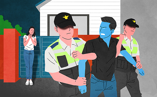 전신 PSD 여자 남자 일러스트 주택 서기 여러명 상반신 성인 범죄 경찰 범죄인 사회이슈 구속 대문 스토커 스토킹 신고 접근금지 체포 엄격한 성인만 국내일러스트 직업 다수 컨셉 모션 사람 건물 문 금지 파일형식