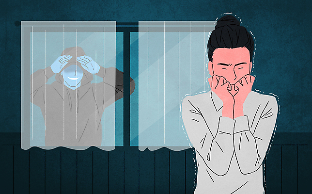 PSD 여자 남자 일러스트 창문 상반신 성인 두명 눈감음 커튼 범죄 무서움 범죄인 엿보기 사회이슈 떨림 스토커 스토킹 성인만 국내일러스트 감정 컨셉 모션 사람 파일형식