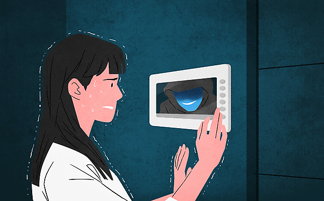 PSD 여자 남자 일러스트 상반신 성인 두명 범죄 무서움 범죄인 사회이슈 떨림 스토커 스토킹 인터폰 침범 성인만 국내일러스트 감정 컨셉 모션 사람 파일형식