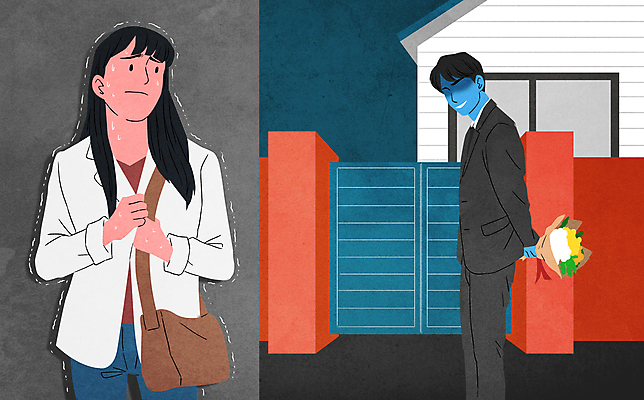 PSD 여자 남자 꽃다발 일러스트 주택 들기 상반신 성인 두명 범죄 야간 무서움 범죄인 사회이슈 뒷짐 대문 떨림 숨기 스토커 스토킹 성인만 국내일러스트 자연요소 꽃 감정 컨셉 모션 사람 건물 문 파일형식