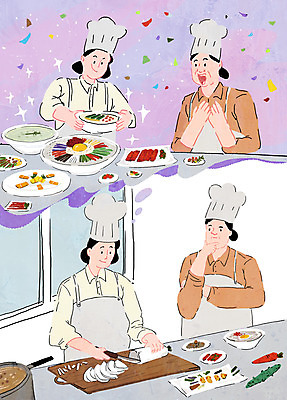 PSD 여자 한식 중년 생각 일러스트 상상 요리사모자 요리 들기 여러명 상반신 성인 요리사 앞치마 턱괴기 놀람 비즈니스우먼 자신감 자르기 재료손질 요리중 감탄 나무도마 요리수업 자격증 자기개발 여자만 국내일러스트 직업 모자_잡화 감정 음식 다수 비즈니스 모션 수업 도마 표정 사람 목재 직장인 손질 증명서 파일형식