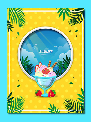 잎 일러스트 하늘 딸기 아이스크림 프레임 사람없음 여름 노란색 과자 유리접시 프레임일러스트 여름배경 국내일러스트 AI파일 식물 접시 계절 컬러 백그라운드 과일 디저트 파일형식 벡터
