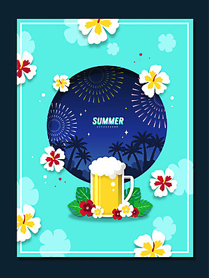 꽃 잎 일러스트 밤하늘 프레임 맥주 불꽃놀이 사람없음 여름 야자수 민트색 프레임일러스트 여름배경 여름축제 국내일러스트 AI파일 나무 식물 계절 컬러 백그라운드 놀이 하늘 주류 축제 야간 파일형식 벡터 여름_계절