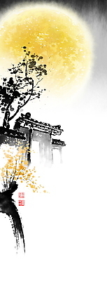 PSD 나무 한국전통 야경 일러스트 캘리그라피 밤하늘 붓터치 나뭇잎 한옥 기와 사람없음 보름달 야간 동양화 대문 번짐 낙관 국내일러스트 자연요소 식물 전통 고건축 잎 하늘 한국 미술 문 달 파일형식 효과 풍경_경치